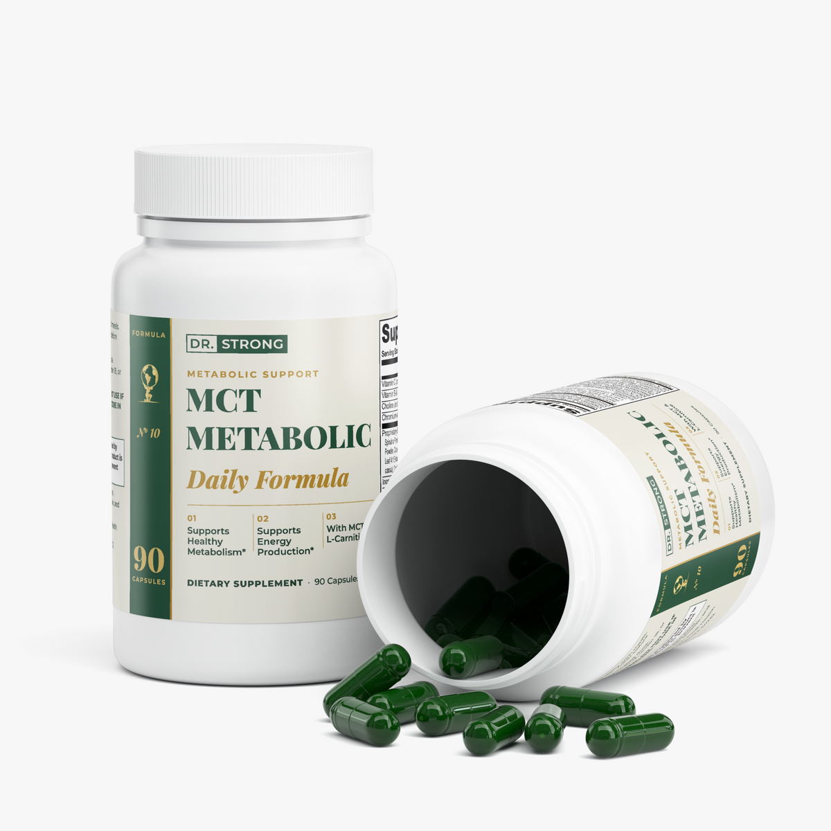 Dr. Strong MCT Metabolic Formula open bottle with capsules spilling out