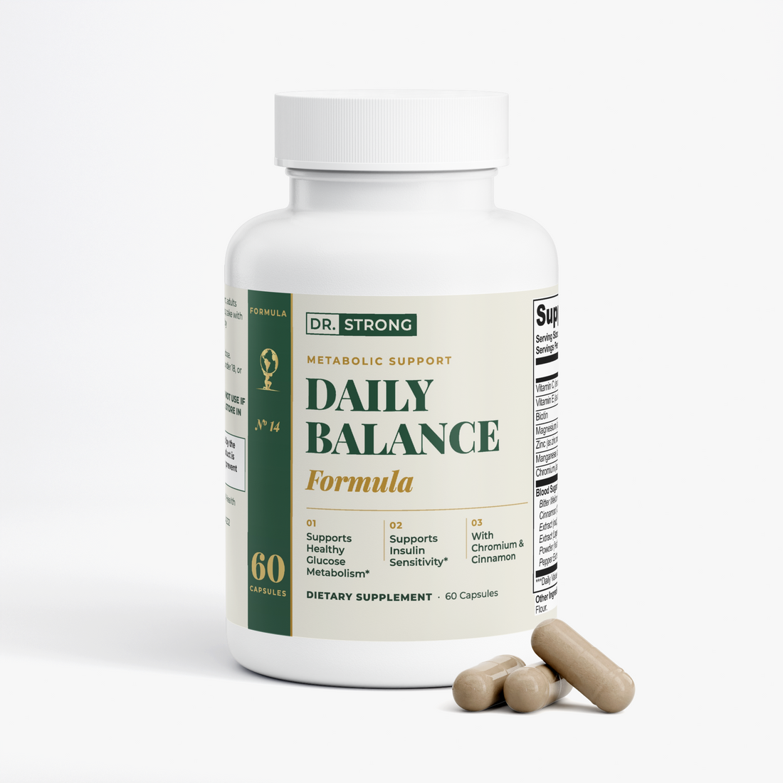 Dr. Strong Daily Balance Formula bottle, front label