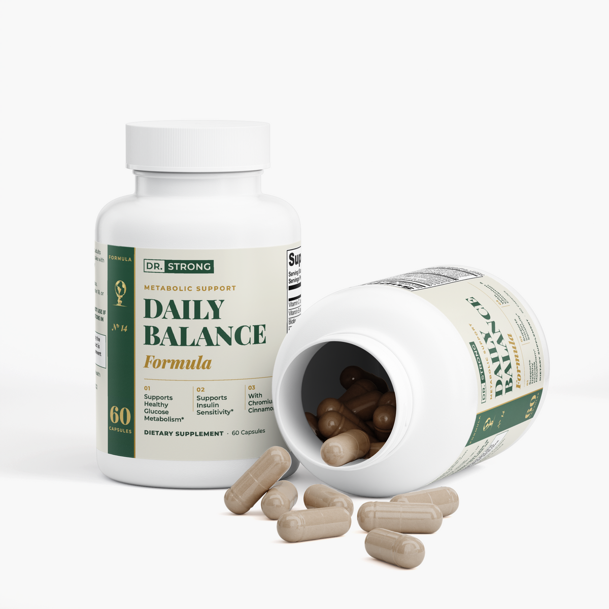 Dr. Strong Daily Balance Formula open bottle with capsules spilling out
