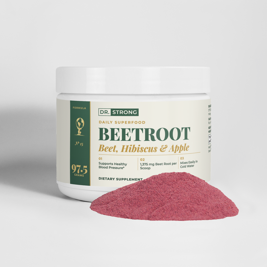 Dr. Strong Beetroot Powder tub, front label