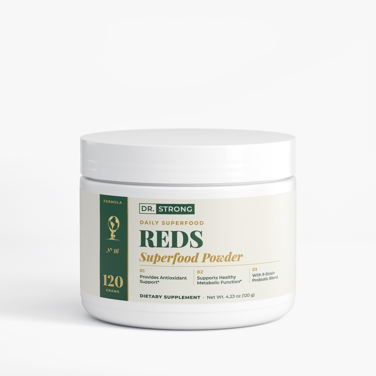 Dr. Strong Reds Superfood Powder tub, front label