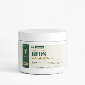 Dr. Strong Reds Superfood Powder tub, front label