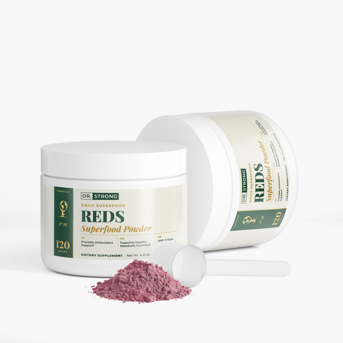 Dr. Strong Reds Superfood Powder open tub with scoop and powder