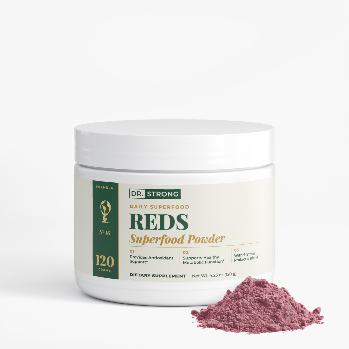 Dr. Strong Reds Superfood Powder tub with a pile of powder