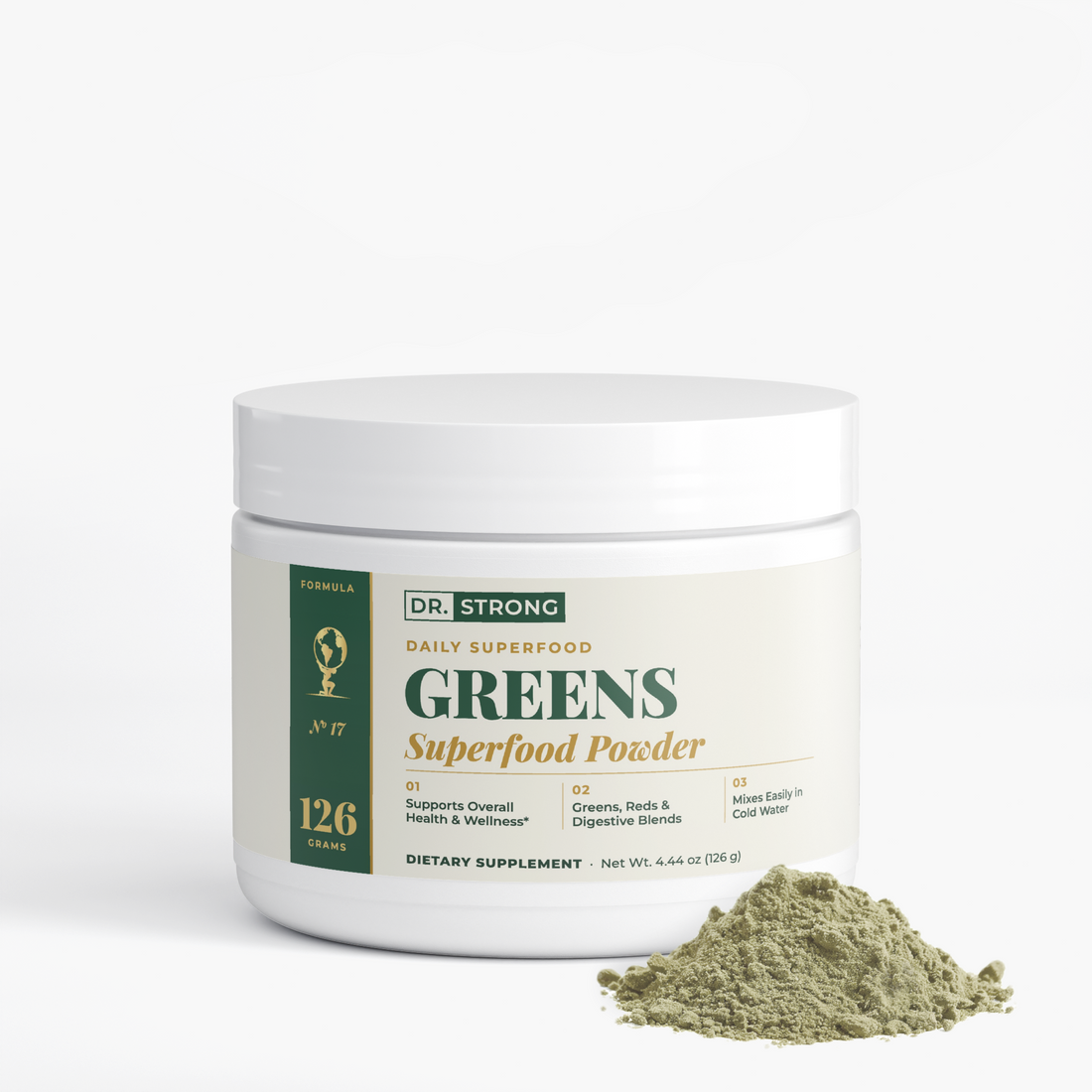 Dr. Strong Greens Superfood Powder tub, front label