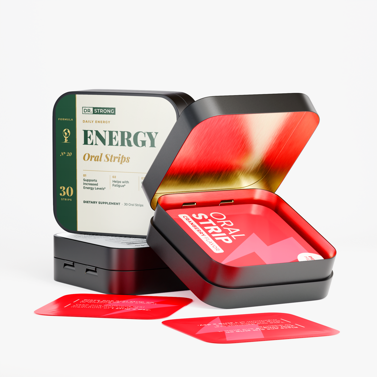 Dr. Strong Energy Oral Strips open tin with strip packets