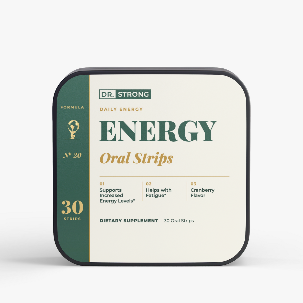 Dr. Strong Energy Oral Strips tin, front label