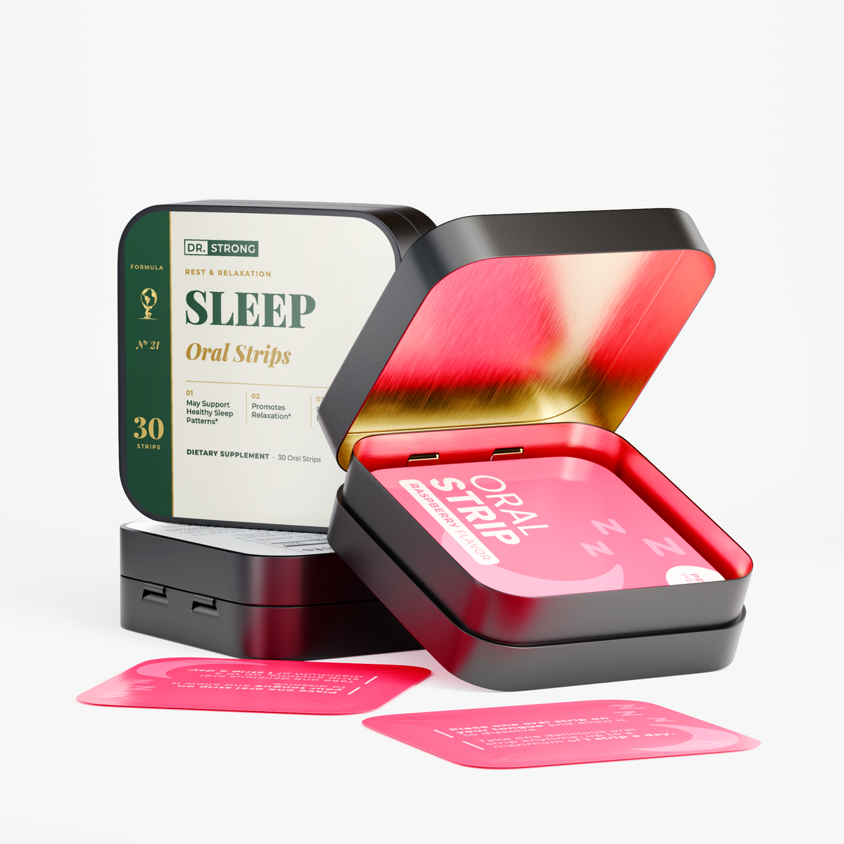 Dr. Strong Sleep Oral Strips open tin with strip packets