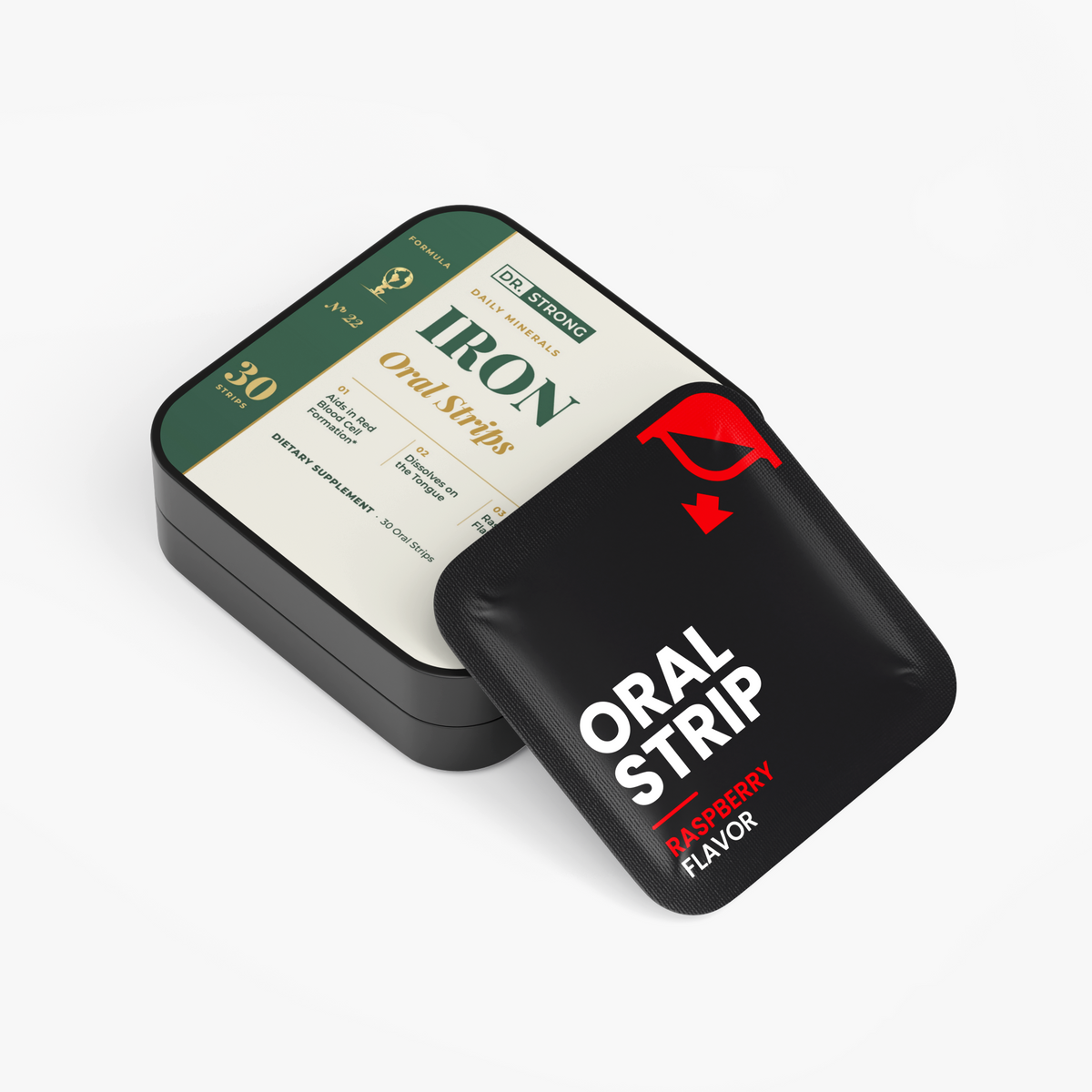 Dr. Strong Iron Oral Strips tin with a strip packet
