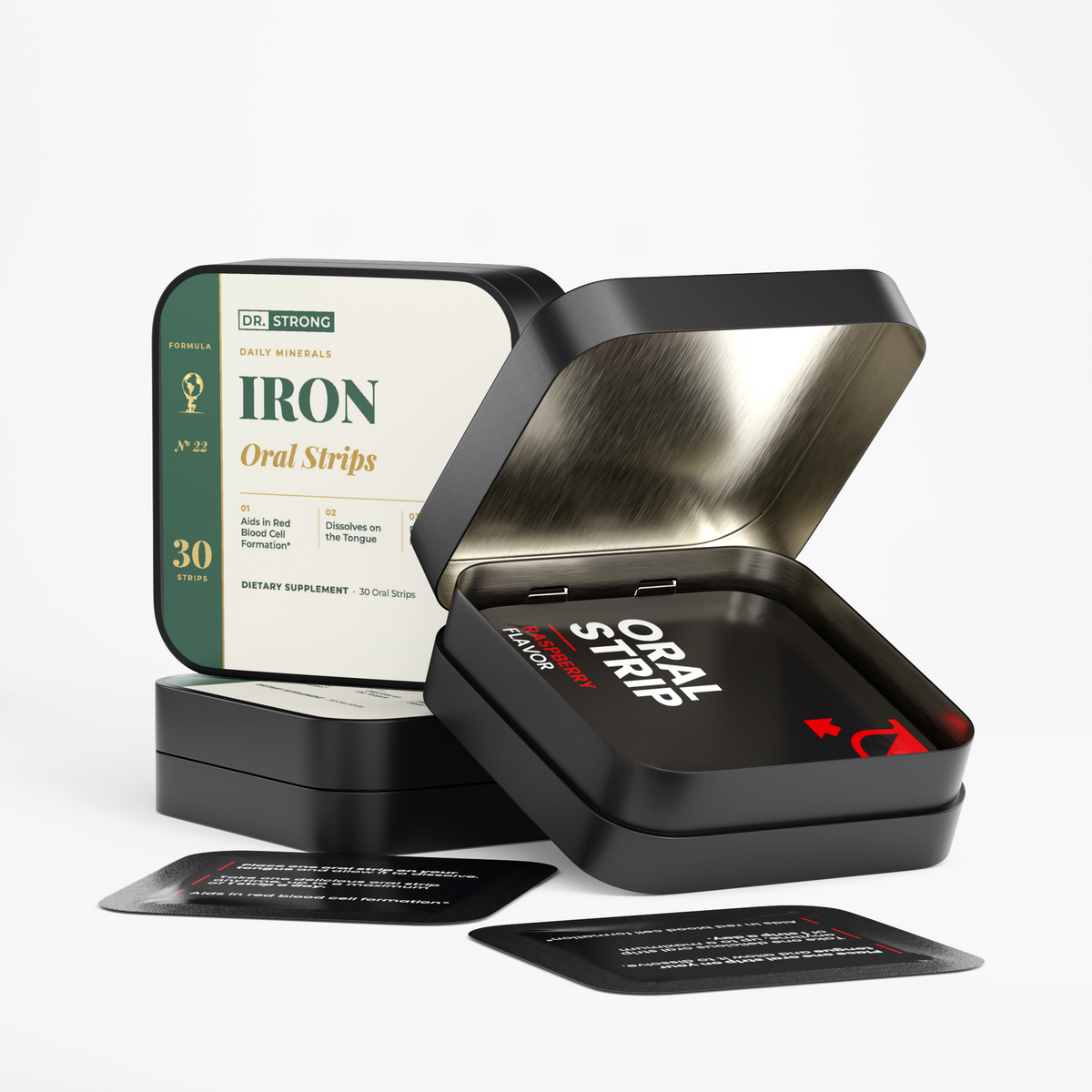 Dr. Strong Iron Oral Strips open tin with strip packets
