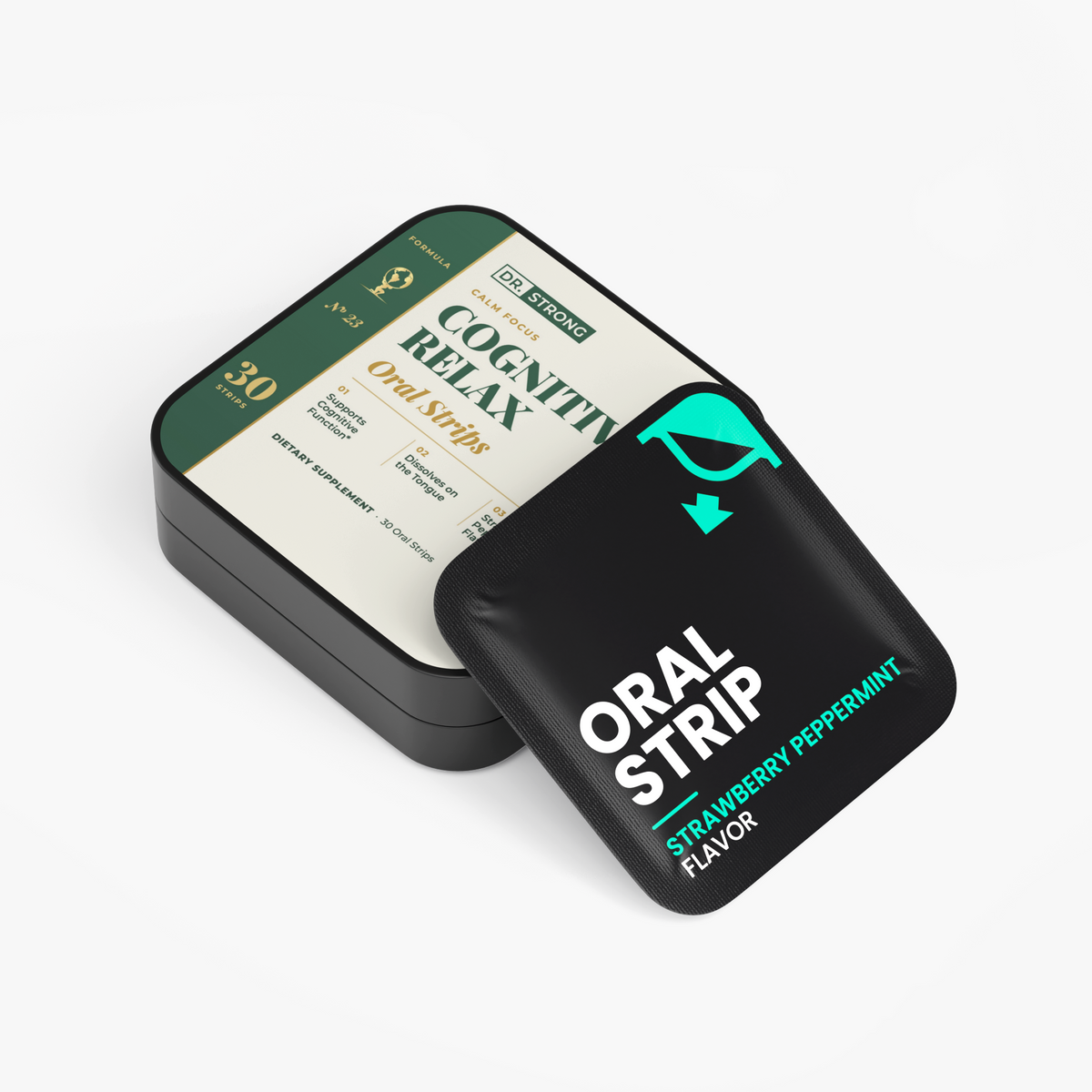 Dr. Strong Cognitive Relax Oral Strips tin with a strip packet