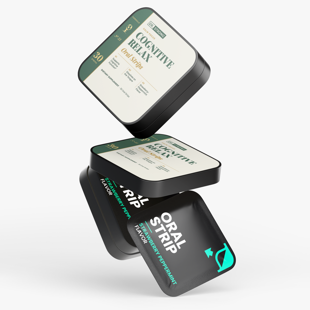 Dr. Strong Cognitive Relax Oral Strips stacked tins and strip packets