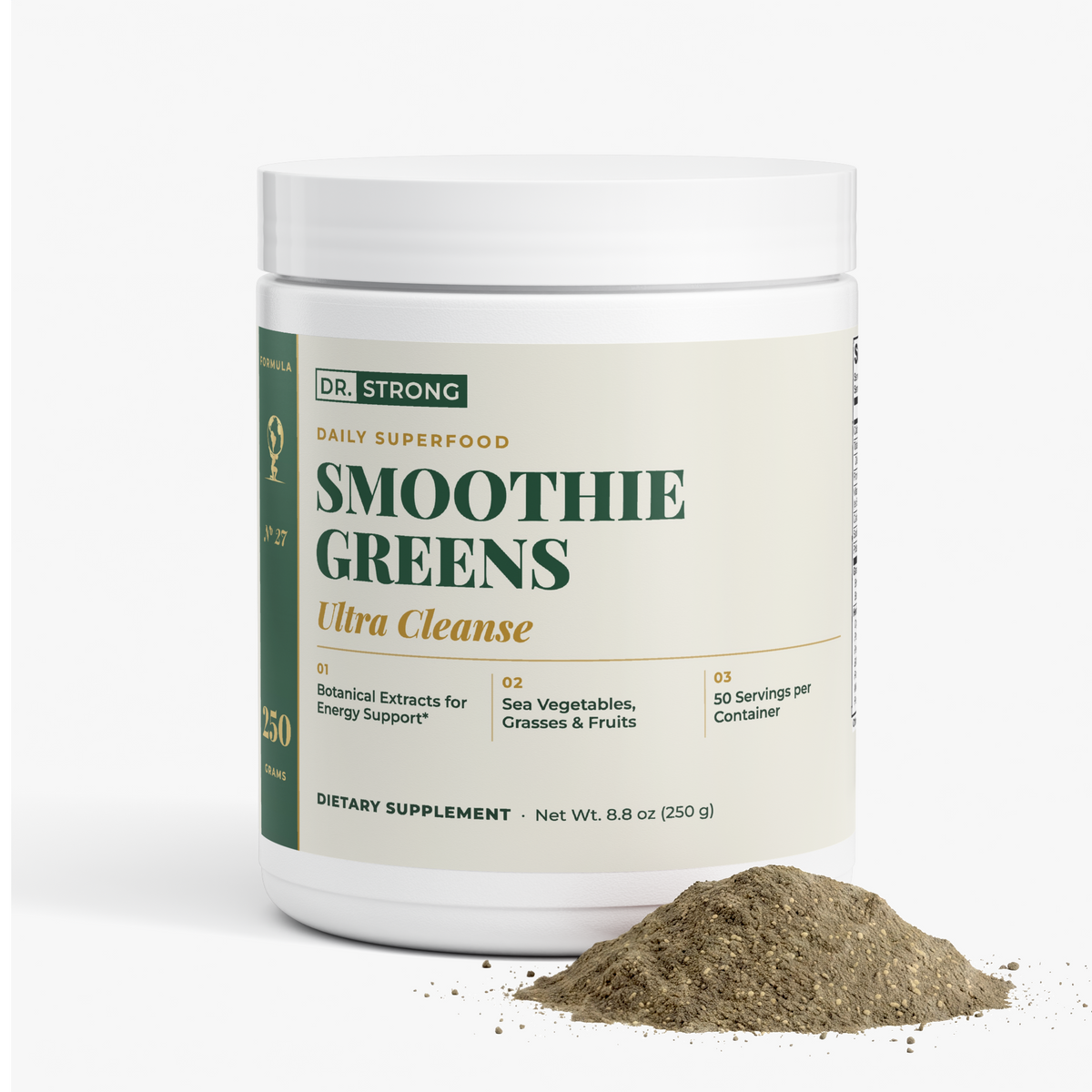 Dr. Strong Ultra Cleanse Smoothie Greens tub with a pile of greens powder