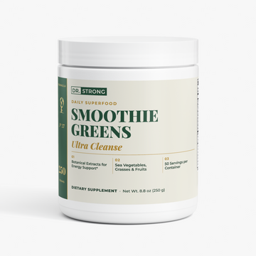 Dr. Strong Ultra Cleanse Smoothie Greens tub, front label