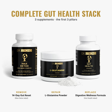 Complete Gut Health Stack: 14-Day Gut Reset (Max Detox label), L-Glutamine Powder, and Digestive Wellness Formula (Gut Health label)